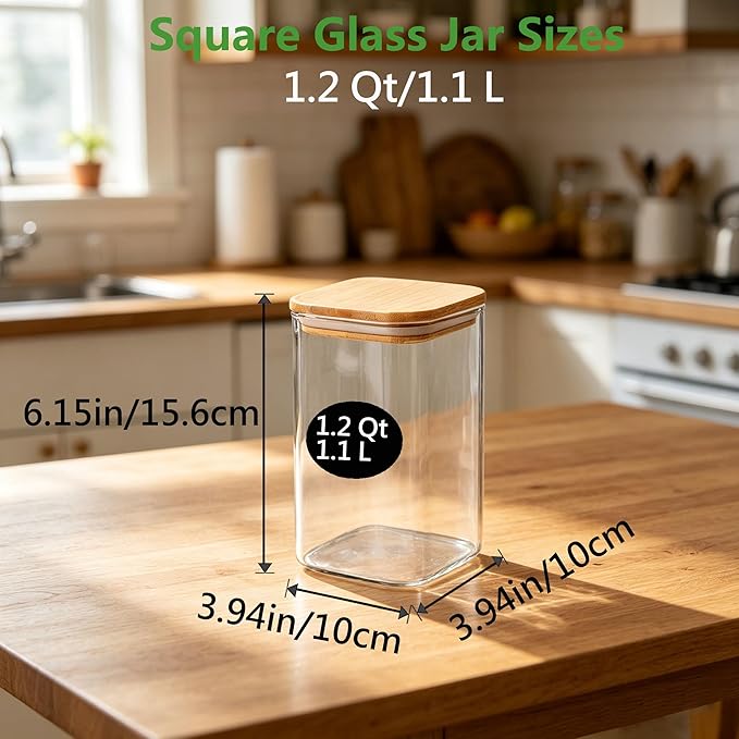 VIEWELLD 1.2 Qt Square Glass Storage Containers with Lids, glass jar with airtight lid, Glass Canister for Pantry Cookie Cereal Rice Sugar Tea Coffee Beans Spice, Square Set of 4