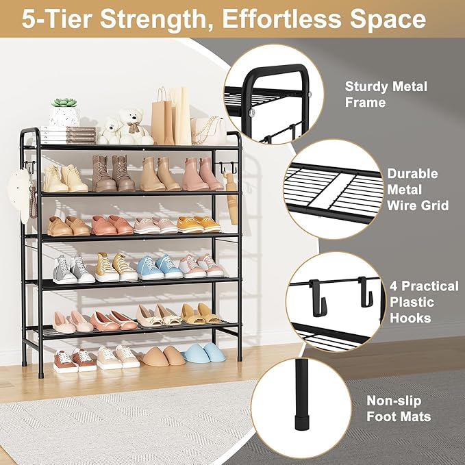 5 Tier Shoe Rack 33" Wide Metal Shoe Organizer Long Shoe Storage with 4 Side