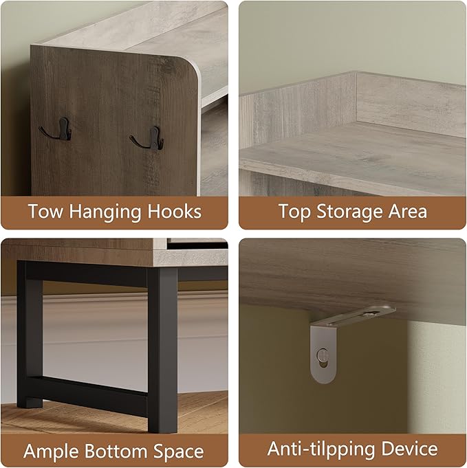 Shoe Cabinet with 3 Flip Drawers, Freestanding Hidden Shoe Storage Organizer for Entryway, Narrow Slim Shoe Rack Cabinet with Open Storage & Hooks for Front Door Entrance, Living Room, Hallway, Grey