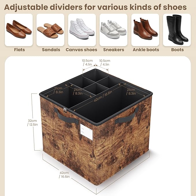 Varhomax Shoe Organizer Box for Closet 2 Pack, Fabric Shoe Storage Bin with Adjustable Dividers & Clear Cover, Holds up 16-32 Pairs of Sneakers & Sandals for Entryway, Cubby (Rust Brown)