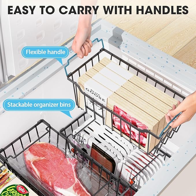 SUNALLY Freezer Organizer Bins, 4 Pack Stackable Chest Freezer Organizer for 5-7 Cu.FT Deep Freezer Sort Frozen Meats and Food, Freezer Storage Baskets with Handles Easy Reach from Bottom, Black