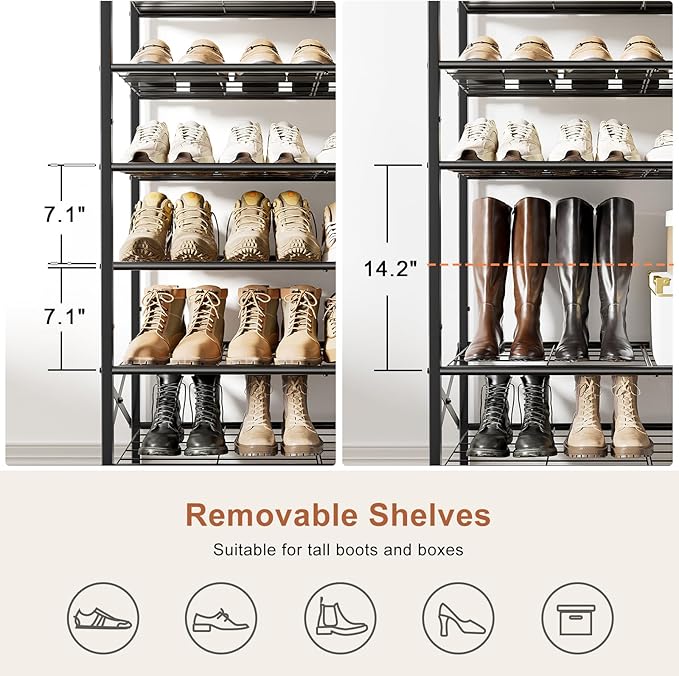 8-Tier Tall Shoe Rack Organizer Shoe Storage for Entryway 24-32 Pairs Metal Shoe Rack for Closet Heavy-Duty Shoe Rack with Wooden Top Shelf for Garage Gray