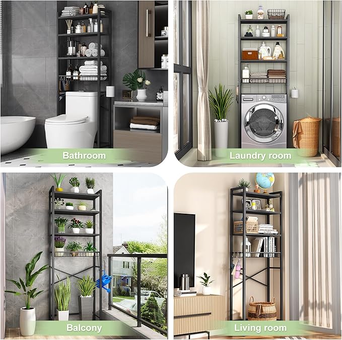 Kalrin Over-The-Toilet Storage Rack, 4-Tier Bathroom Organizer Shelf Over Toilet with Adjustable Shelf and Basket, Freestanding Space Saver Bathroom Shelves Above Toilet for Room (Pure Black)