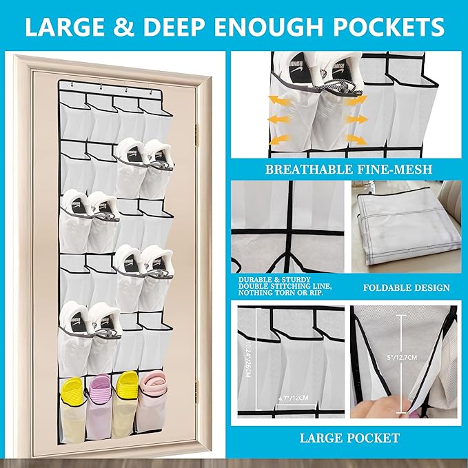 Over The Door Shoe Organizers with 24 Mesh Pockets Shoe Organizer Storage, White