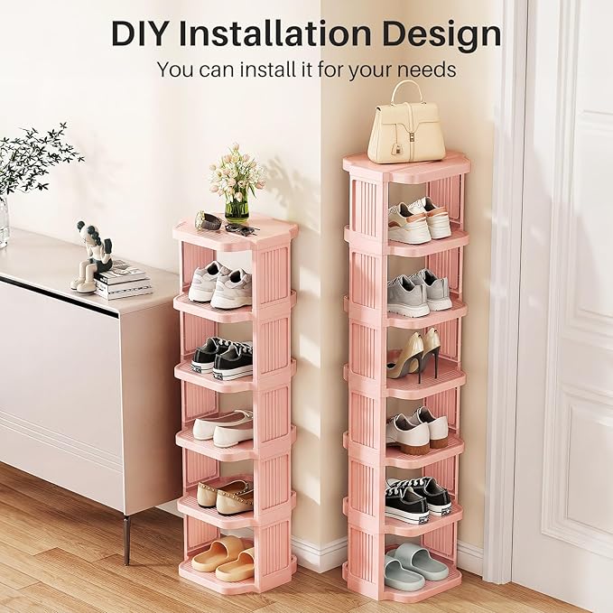 Kitstorack 8-Tier Vertical Plastic Shoe Rack, Freestanding Stackable Shoe Storage Organizer Cubes Shoe Shelf Tower or Small Closets and Tight Spaces, Pink