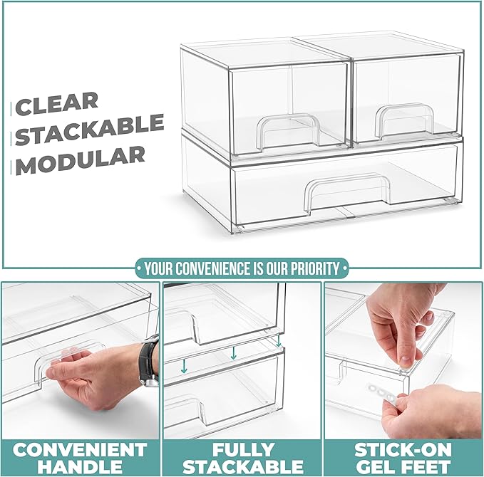 Sorbus Stackable Acrylic Storage Drawers – 2 Small + 1 Wide – 3 Pack Clear Plastic Organizer Bins for Baby Bottles, Makeup, Bathroom & Vanity, Pull-Out Drawer Design for Kitchen Cabinets