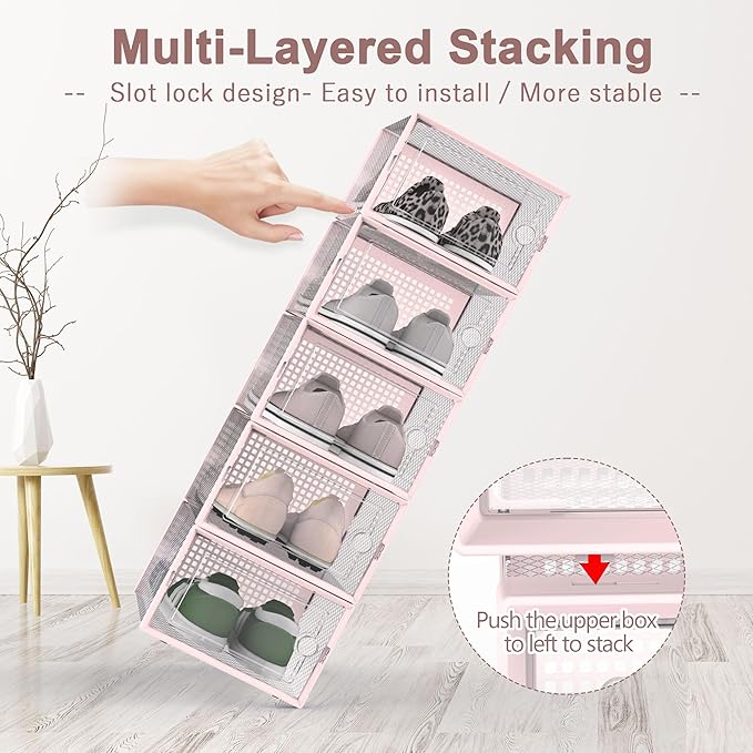 Shoe Organizers Storage Boxes for Closet, Pink