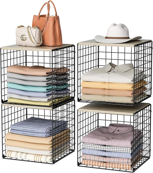 4-Tier Stackable Closet Organizers and Storage Basket, Shelves with Wood Top