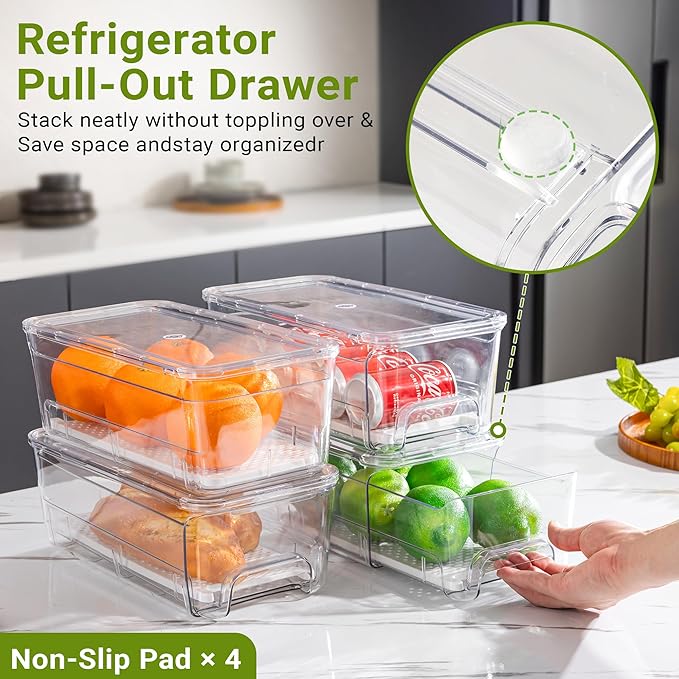 Imncya 5 Pack Fridge Organizer Bins, Clear Stackable Pull Out Refrigerator Drawer Organizer, Fridge Organizers and Storage Container for Fruits, Vegetables, Drinks, Food