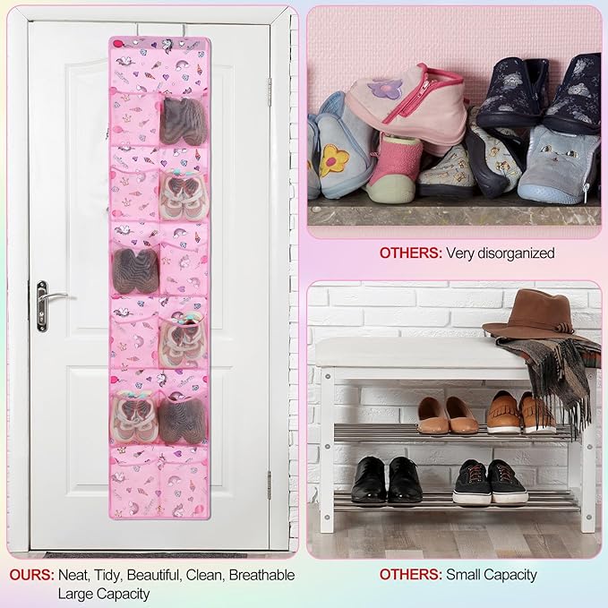 2 Pcs Kids over The Door Shoe Organizer 24 Pockets Unicorn Baby Water Bottle