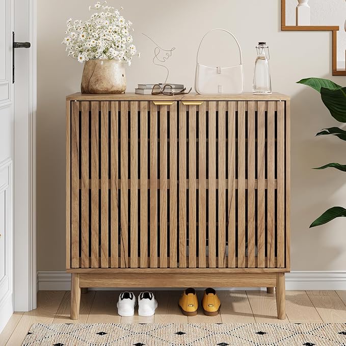Kiasthome Shoe Storage Cabinet with Ventilated Slatted Doors, Wooden Shoe Organizer, Shoes Rack for Entryway, Hallway, Living Room