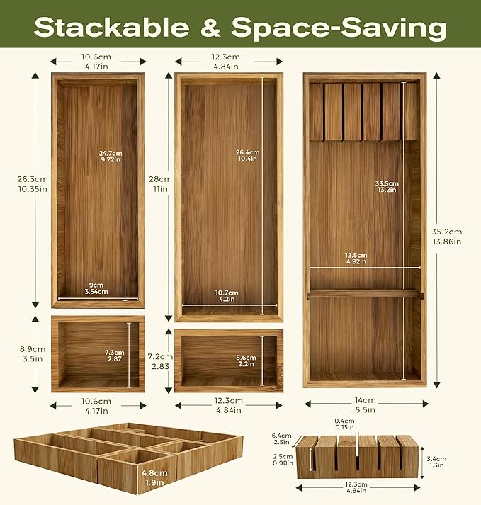 KOCWELL Bamboo Silverware Drawer Organizer with Knife Block, 5 Removable Drawer Organizer Bins - Multi-Use for Kitchen Utensils, Office, Makeup, Tools Storage