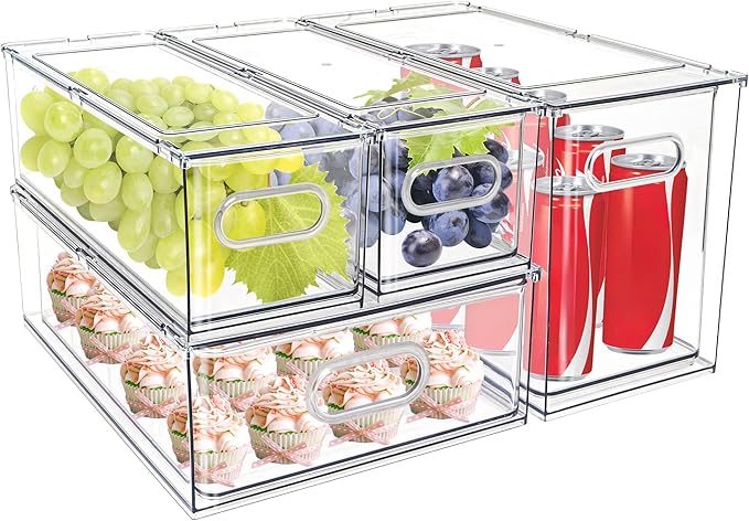 4 pack Stackable Fridge Drawers Pull-Out Bins Divided Produce Saver Containers