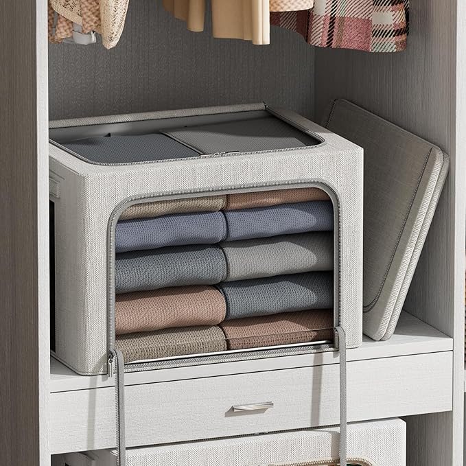 FHSQX 2 Pack Clear Window Storage Bins - Large Stackable Linen Fabric Storage for Clothes Foldable Container Organizer Set with Carrying Handles (Light Gray, 15.7x 11.8x 9.8Inch)