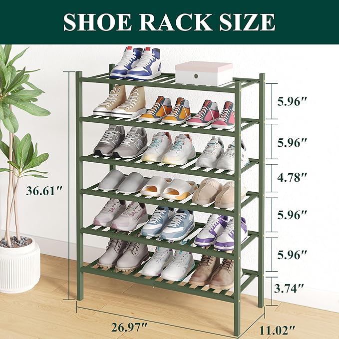 Bamboo Shoe Rack for Closet, 6 Tier Wooden Shoe Organizer, Green