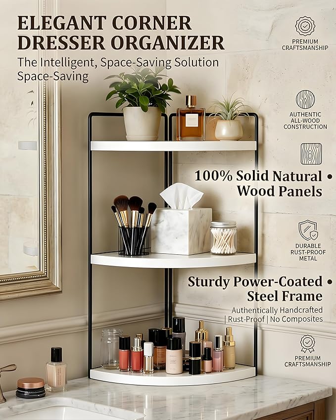 3-Tier Corner Bathroom Countertop Organizer, Solid Pine Wood Vanity Corner Shelf for Skincare & Makeup, Waterproof Standing Rack for Bathroom, Vanity, Kitchen & Dresser, Large 15.7"H, White