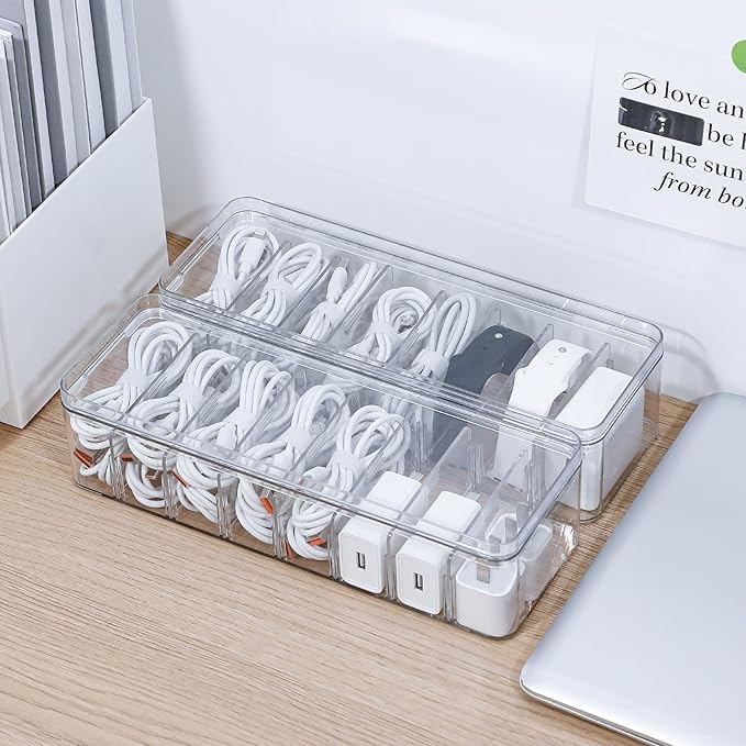 2 Pack Cable Organizer Box with Lid, Plastic Cord Storage Organizer with 8 Adjustable Compartments for Home Office Desk Drawer, Clear Phone Charger Bins