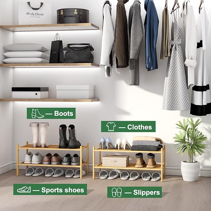 kiplant Bamboo Shoe Rack, 2-Tier Shoe Rack for Entryway, Free Standing Shoe Racks for Indoor & Outdoor, Stackable Shoe Organizer for Closet,