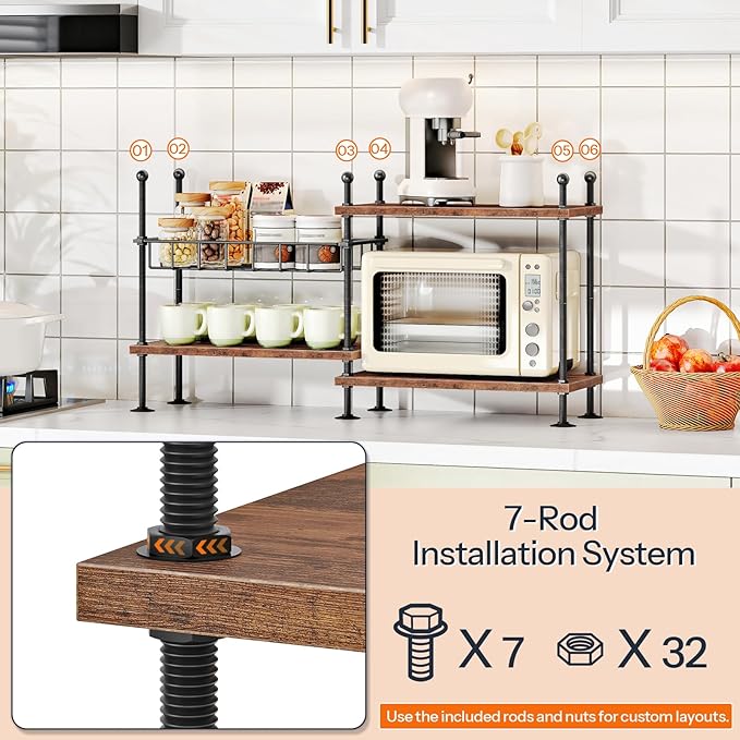 HOOBRO Kitchen countertop Organizer, 4-Tier Adjustable Kitchen Storage Shelf with Rods & Leveling Feet, 3 Configurations, for Cabinet, Countertop, Bathroom, Office, Rustic Brown and Black BF21TL01