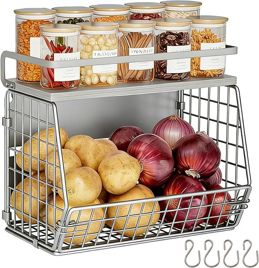 Wire Fruit Basket 2 IN 1 Magnetic & Hanging Wall Produce Basket with Spice Rack