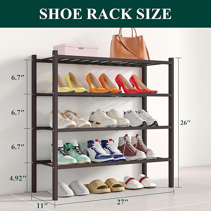 Smiry Bamboo Shoe Rack, 4 Tier Free Standing Wooden Shoe Organizer, Stackable Wood Shoe Storage Shelf for Closet, Entryway, 12 Vertical Slats, 2+2 Stack Standard Legs, 26.8"x11"x26", Brown