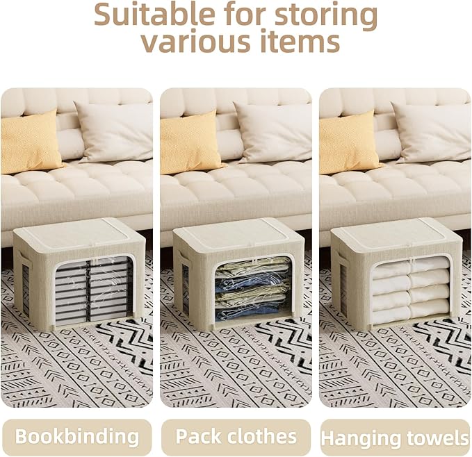 FHSQX 8 Pack Clothes Storage Bins - Foldable Storage Bins for Clothes Fabric Storage Box with Metal Frame (Beige, 16.5x12.2x12.2 inch)