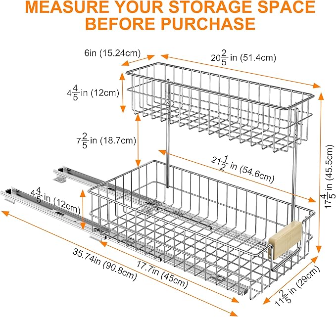 Pull Out Cabinet Organizer, Under Sink Slide Out Storage Shelf with 2 Tier Sliding Wire Drawer, Sliding Storage for Inside Kitchen Cabinet- 11.5 in. W x 21.5 in. D (Right)