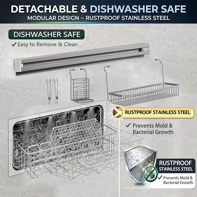 Adhesive Shower Caddy, Shower Organizer with Sliding Rail