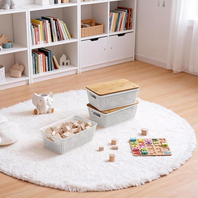 Storage Bins with Lids 10 Packs, Plastic Storage Bins with Bamboo Lids for Pantry Organization and Storage Containers for Shelves Drawers Desktop Closet Playroom Classroom Office Home, White