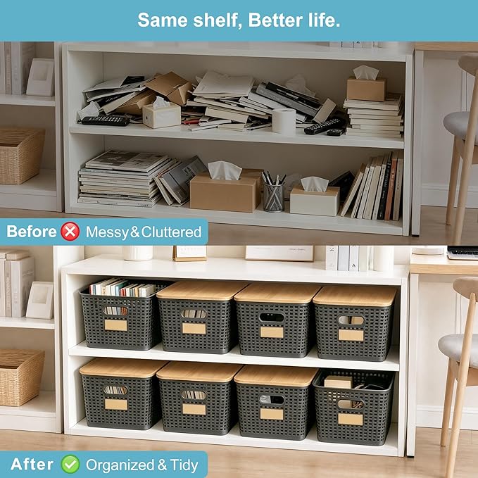 2 Pack Tall Plastic Storage Bins with Bamboo Lids, Gray