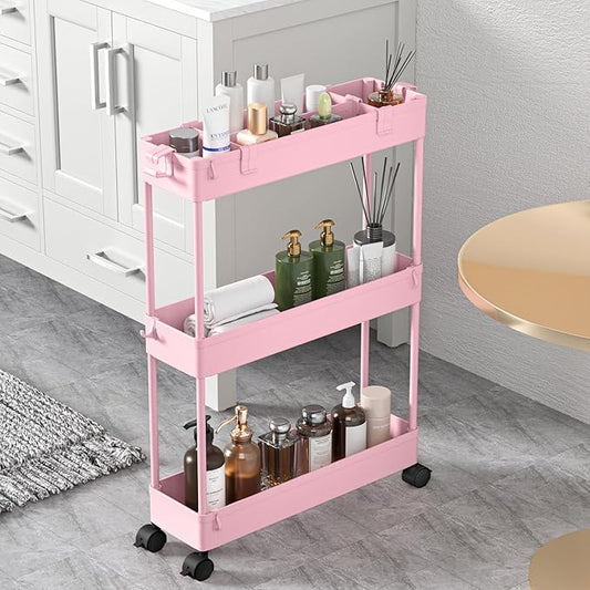 Slim Storage Cart 3 Tier, Bathroom Organizer Rolling Utility, Pink