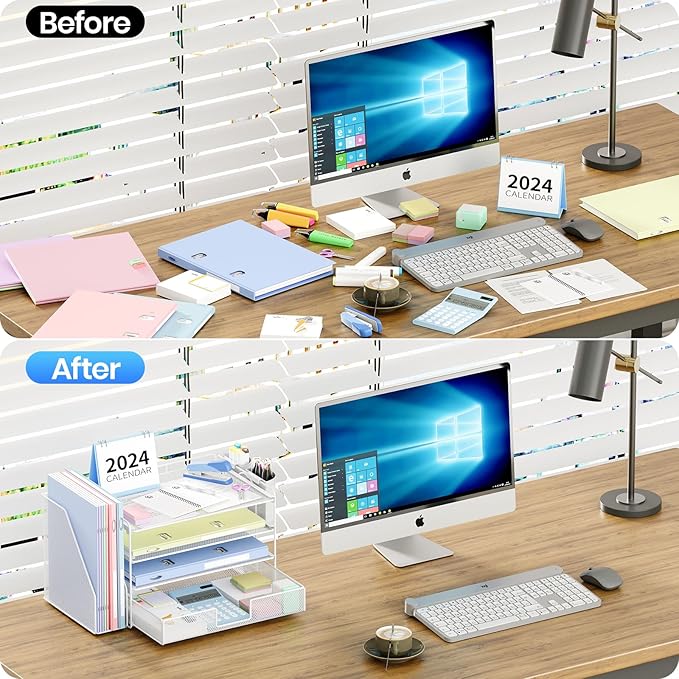 OPNICE Desk Organizer, 4-Tier Desktop File Organizer with Drawer and 2 Pen Holders, Office Desk Accessories, File Sorters, Workspace Organizers for Office Supplies(White)