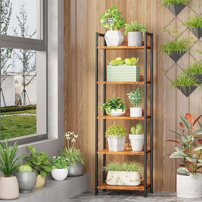 5 Tier Bookshelf with Drawer, Tall Narrow Bookcase with Shelves, Rustic Brown