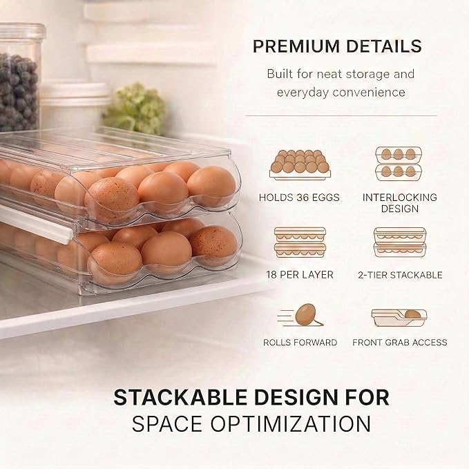Egg Holder for Fridge with Rolling Auto Dispense, Egg Dispenser for Refrigerator, Stackable Egg Organizer for Refrigerator, Holds 36 Eggs, Clear Space Saving Storage Container for Kitchen Use