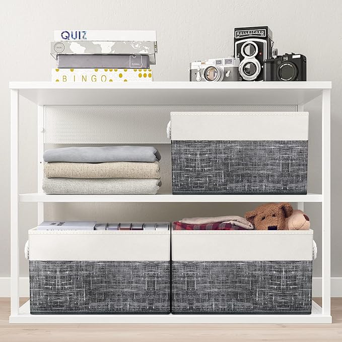 Fab totes Storage Bins 3-Pack, Foldable Storage Baskets for Organizing Toys, Books, Shelves, Closet, Large Storage Box with Rope Handles, Sturdy Organizer Bins, White & Black