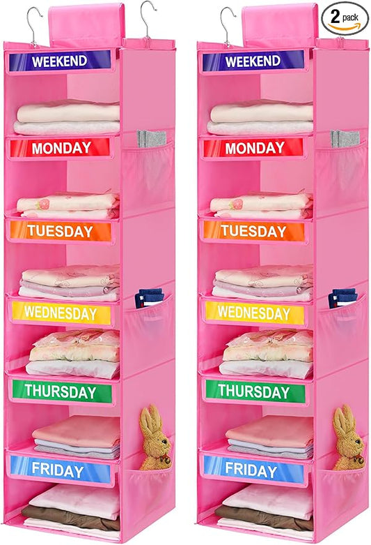 2 Pack 6-Shelf Weekly Clothes Organizer for Kids, Pink