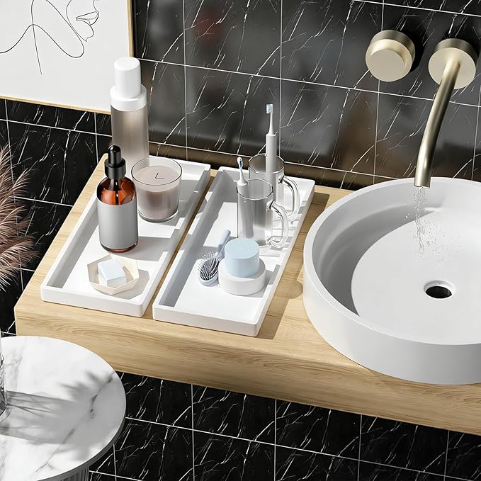 Large Silicone Bathroom Vanity Tray Set, 11.8 in, Black+White, Non-Slip
