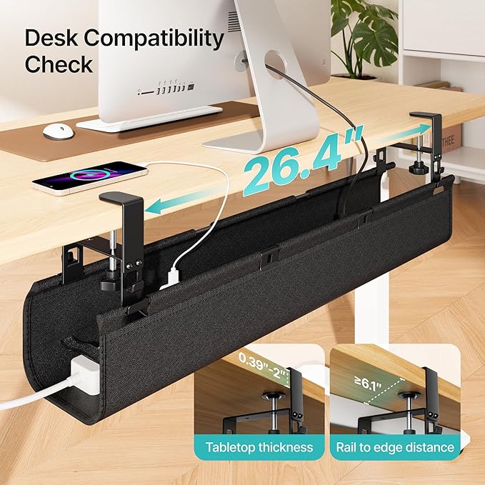 PEGZONE No Drill Under Desk Cable Management Tray, 31.5" Cord Management Under Desk for Table, Clamp Mount Desk Cable Management, Premium Fabric Wire Management Tray for Office, Home