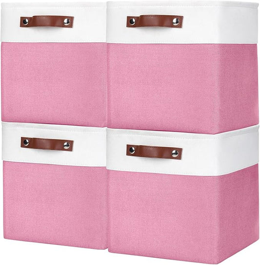 Collapsible Fabric Storage Cubes 11x11 Cube Storage Bins, Pink&White