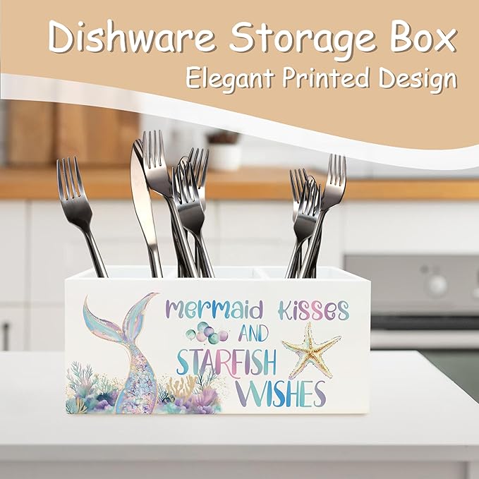 Pastel Mermaid Beach Pen Pencil Holder Organizer for Desk, Mermaid Gifts for Girls Women, Coastal Ocean Starfish Coral Wooden Box Block Sign for Home Classroom Dorm Office Tabletop Decor
