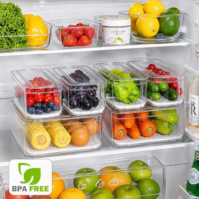 SMRCAD 10 Pack Refrigerator Organizers, Clear Container and Organizer Bins with Lids, Stackable Storage Containers for Fruits, Vegetable (Set of 10)