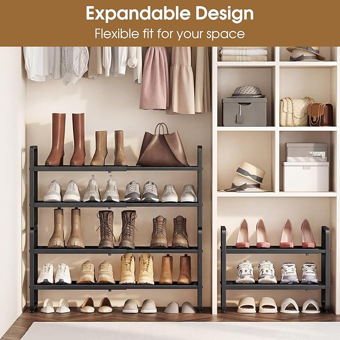 Expandable Shoe Rack for Closet, Black, 4-Tier