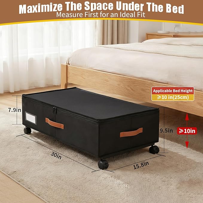 Under Bed Storage Containers with Wheels 2-Pack , 9.5" Tall Underbed Storage Drawers Organizer Bins for Clothes Shoes Toys Wrapping Paper with Extra Interior Pockets, Easy Pull-out, Heavy-duty