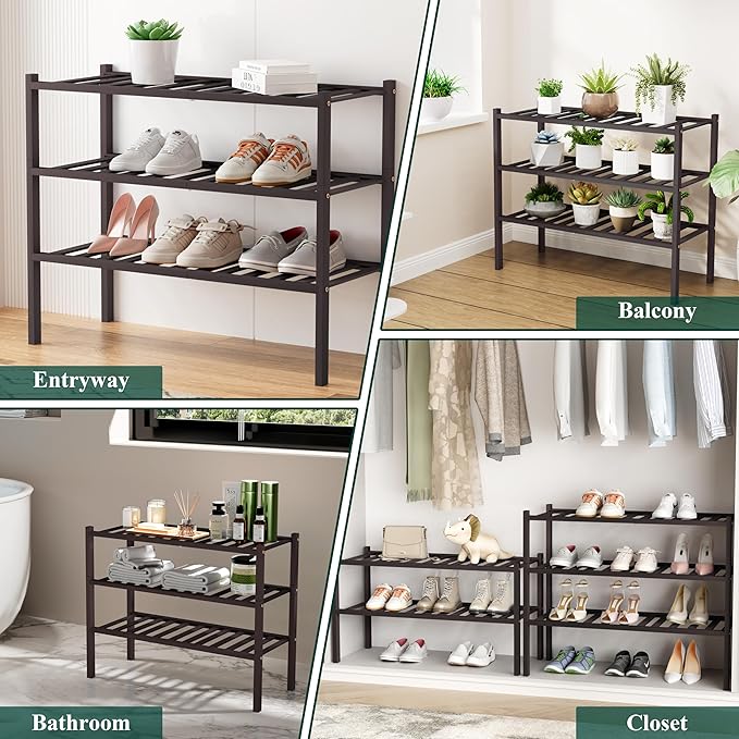 Smiry Bamboo Shoe Rack, 4 Tier Free Standing Wooden Shoe Organizer, Stackable Wood Shoe Storage Shelf for Closet, Entryway, 12 Vertical Slats, 2+2 Stack Standard Legs, 26.8"x11"x26", Brown