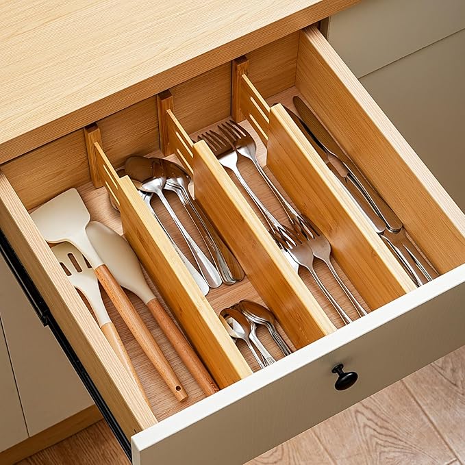 Fabsome Dresser Drawer Organizers 6 Pack, 4.65'' High Adjustable from 17-22‘’ Bamboo Drawer Dividers for Clothing Baby Clothes, Wooden Separators for Dresser Nursery Organization with Soft Foam Ends