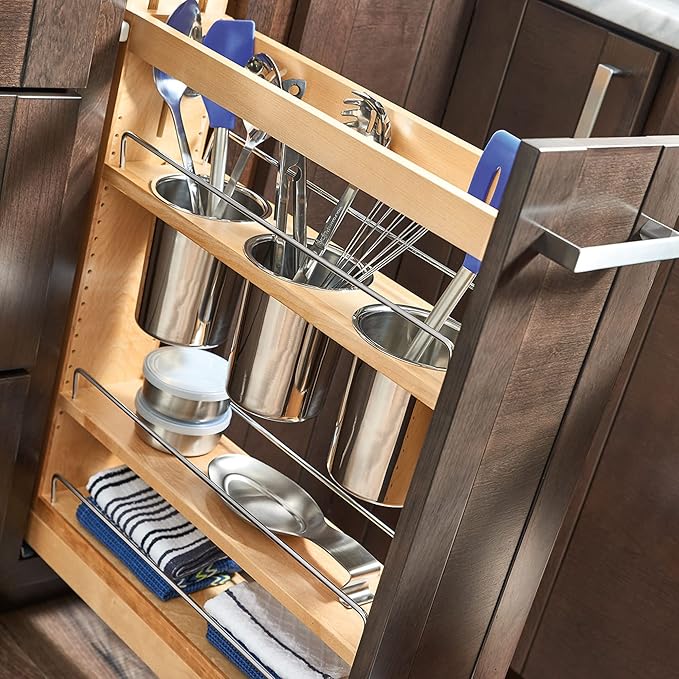 Rev-A-Shelf Maple Pullout Utensil Organizer with 3 Bins & BLUM Soft-Close for Full-Height Base Cabinets, Full Extension Slides, Adjustable Shelves, Min Opening Width of 5.5", 448UT-BCSC-5C