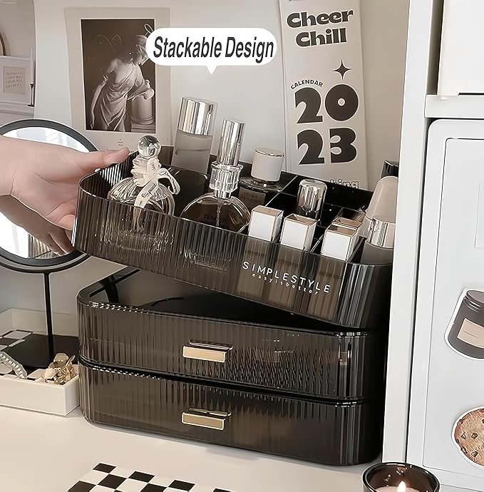 Makeup Organizer for Vanity, Large Desk Organizer with Stackable Drawers for Cosmetics, Skin Care, Lipsticks, Palette, Nail Care, Ideal Storage for Dresser and Bathroom Countertop- Black