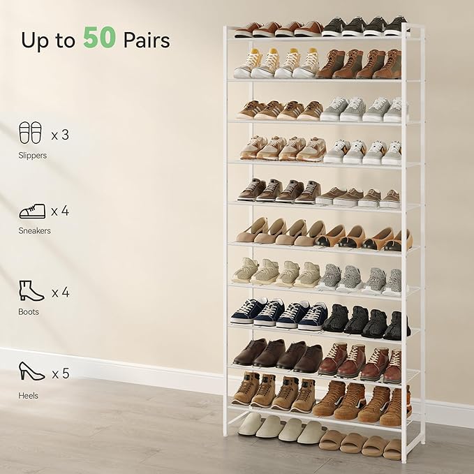 Nunsino Shoe Rack for Closet, Metal Shoe Organizer, 10 Tier Garage Shoe Rack Max Holds 50 Pairs,Shoe Storage Shelf,Entryway,White