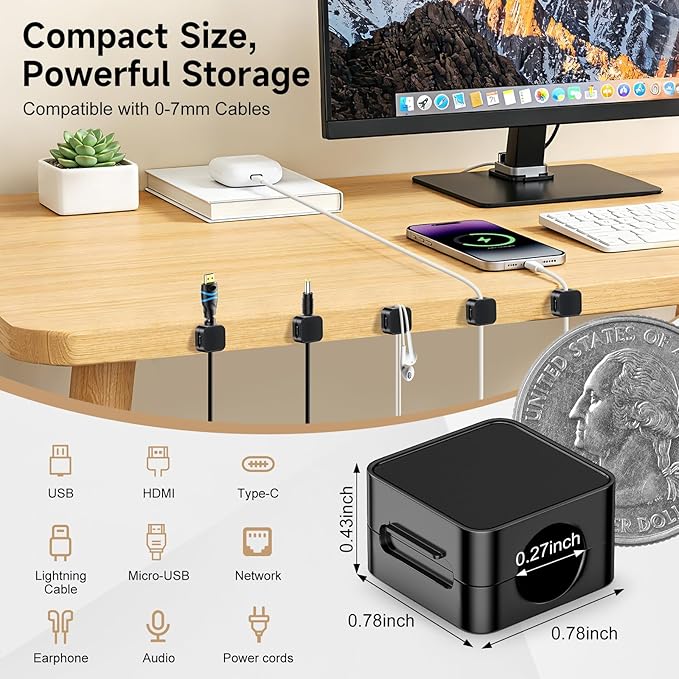 10 Pack Magnetic Cable Clips, Cord Organizer with Strong Adhesive Cord Holder for Nightstand, Desk, Home Office, Car, Phone Charger, USB, HDMI Cable Holder, Black