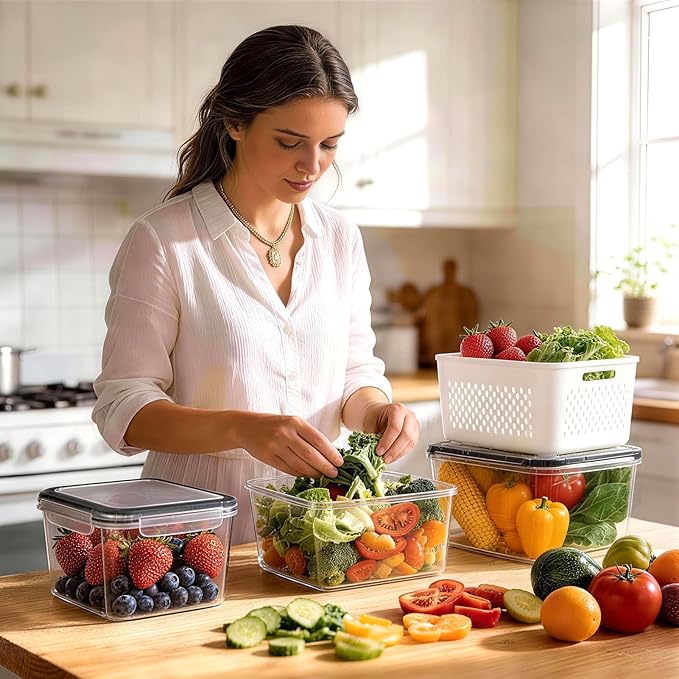 HOMETALL 8 Pack Fruit Storage Containers for Fridge, Produce Containers for Fridge with Colander, Leakproof Fridge Organizers and Storage for Berry Vegetable Salad Lettuce Meat Food